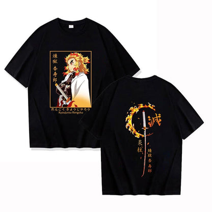 Demon Slayer Kyojuro Rengoku Pure Cotton T-shirt 2026 Summer New Anime Printed Loose Casual Parent Child Short Sleeve Top