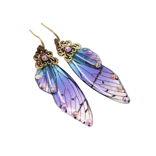 Paire de boucles d'oreilles à ailes de papillon en résine translucide bleue et violette, monture dorée filigranée