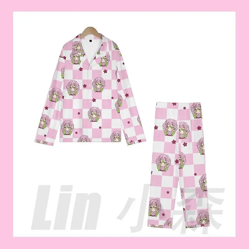 Anime Cosplay Homewear Demon Slayer Agatsuma Zenitsu Cute Pajama Set Demon Girl Pink Pattern Nightwear Loungewear Holiday Gift