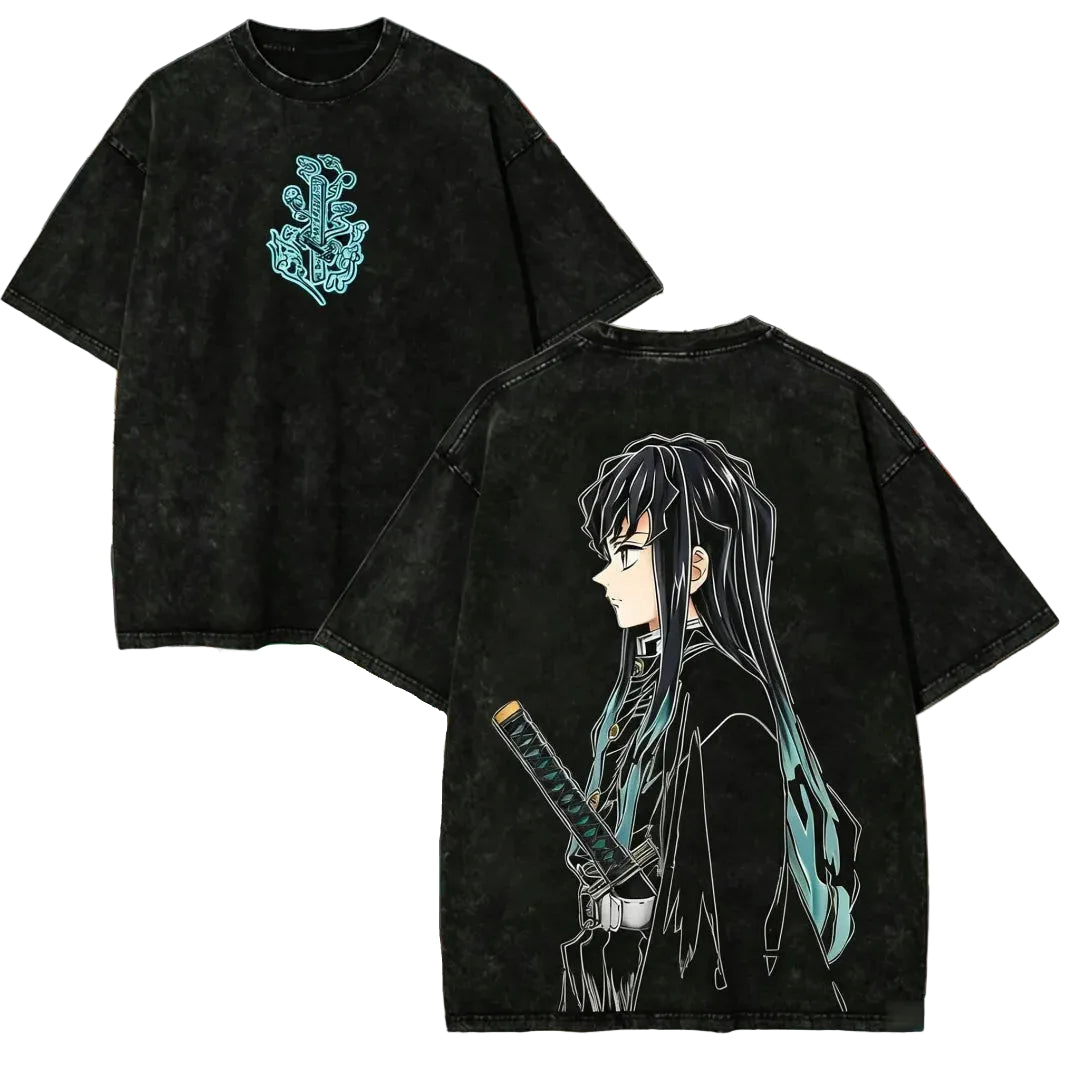 T-shirt Tokito Demon Slayer délavé, motif de Tokito Tokito au dos