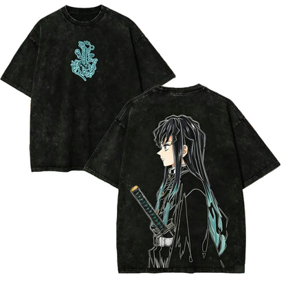 T-shirt Tokito Demon Slayer délavé, motif de Tokito Tokito au dos