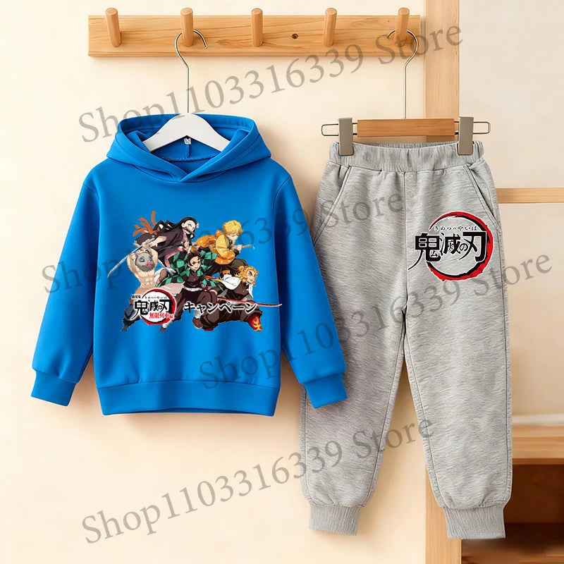 Demon Slayer Anime Hoodie Pants Set Children Hooded Sweatshirt Outerwear Pants Set Boys Girls Tops Autumn Pullover Clothing Gift