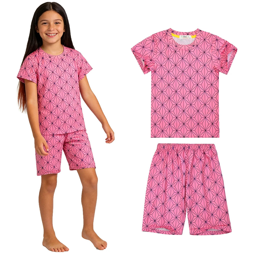 Kids Boys Girls Japanese Anime Style 2 Piece Pajama Set Short Sleeve Geometric Print Sleepwear Tanjiro Nezuko Zenitsu Loungewear