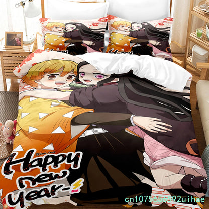 Kawaii Cartoon Demon Slayer Bedding Sets Duvet Cover Set With Pillowcase Twin Full Queen King Bedclothes Bed Linen Home Textiles