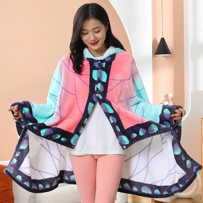 Demon Slayer Blanket Kimetsu No Yaiba Tanjirou Shinobu Pajamas Nezuko Cosplay Cloak Flannel Anime Hoodie Blanket Comfy Homewear