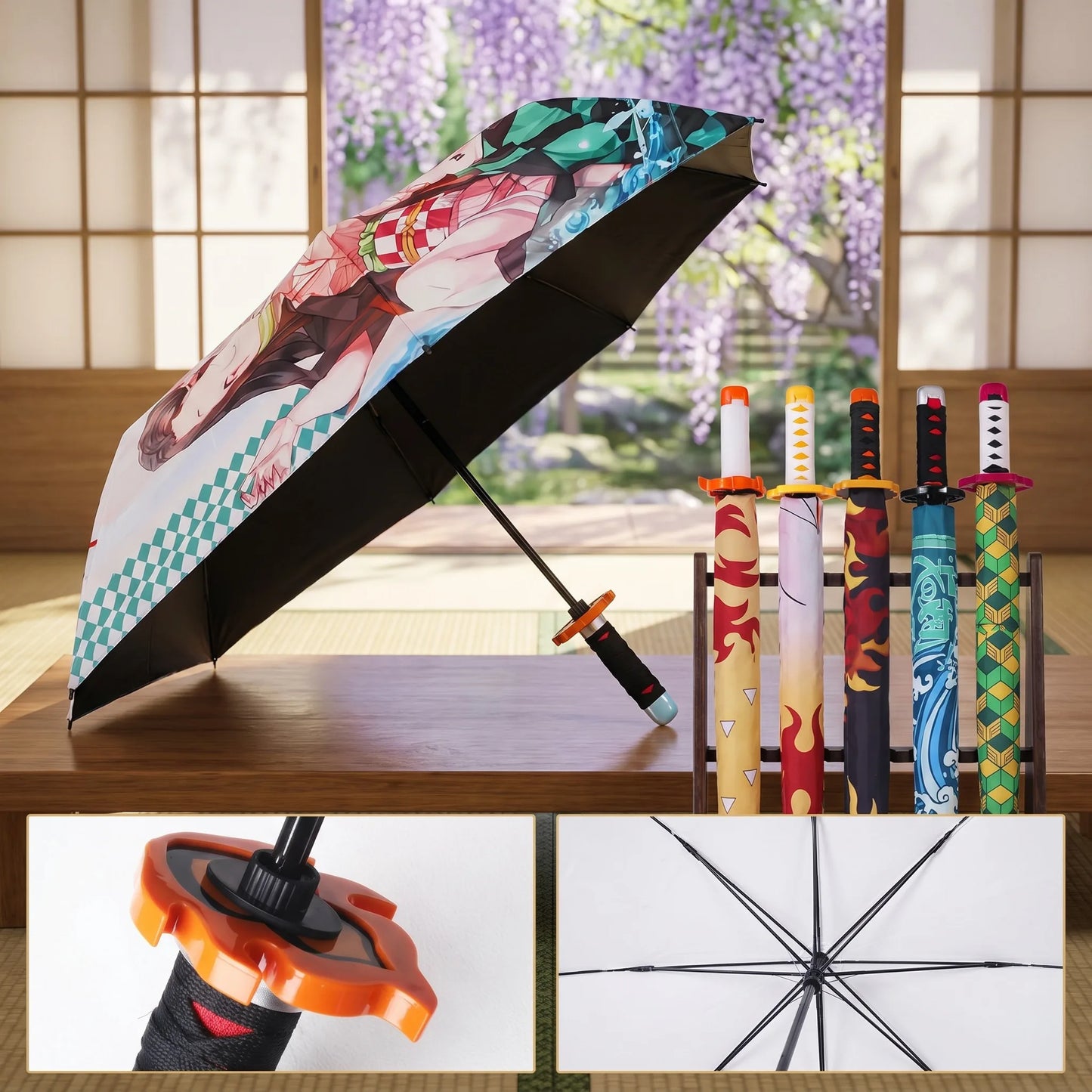 Demon Slayer Folding Katana Umbrella Tanjirou Zenitsu Anime UV Parasol Rain Gear Samurai Style Cosplay Display Photo Prop Decor