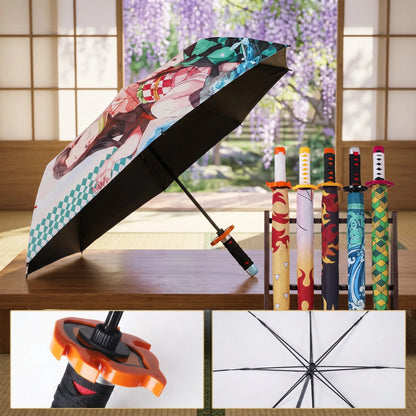 Demon Slayer Folding Katana Umbrella Tanjirou Zenitsu Anime UV Parasol Rain Gear Samurai Style Cosplay Display Photo Prop Decor