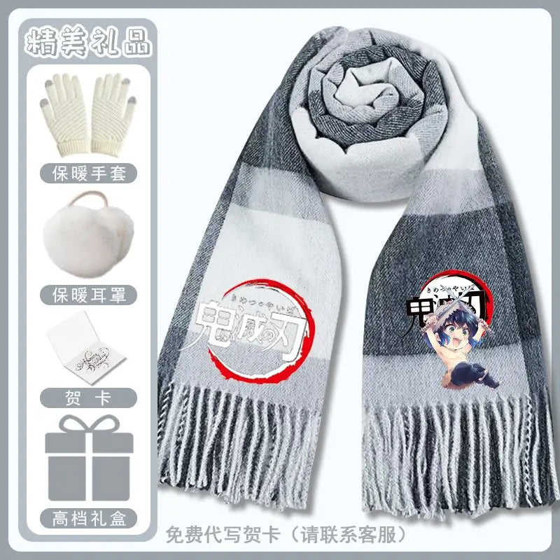 Anime Demon Slaye Nezuko Tanjiro Cartoon Printed Scarf Autumn Winter Men's and Women's Fashion Versatile Warm Grid Scarf