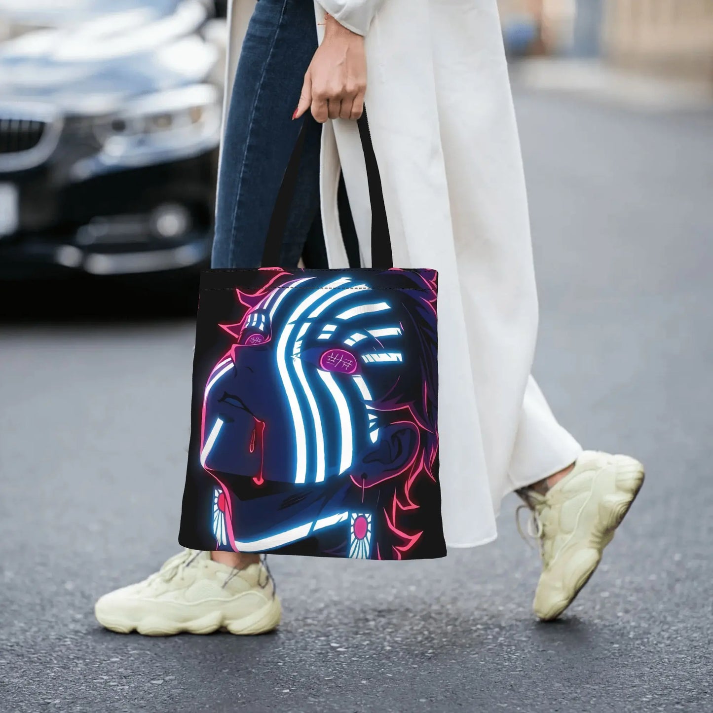 1PC Large Capacity Akaza Demon Slayer Canvas Tote Bag Foldable Chic Pattern No Closed Design