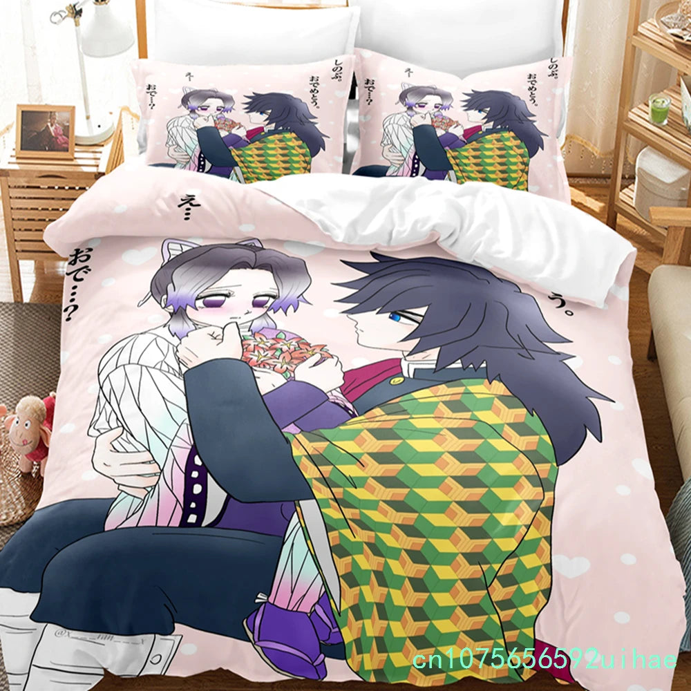 Kawaii Cartoon Demon Slayer Bedding Sets Duvet Cover Set With Pillowcase Twin Full Queen King Bedclothes Bed Linen Home Textiles