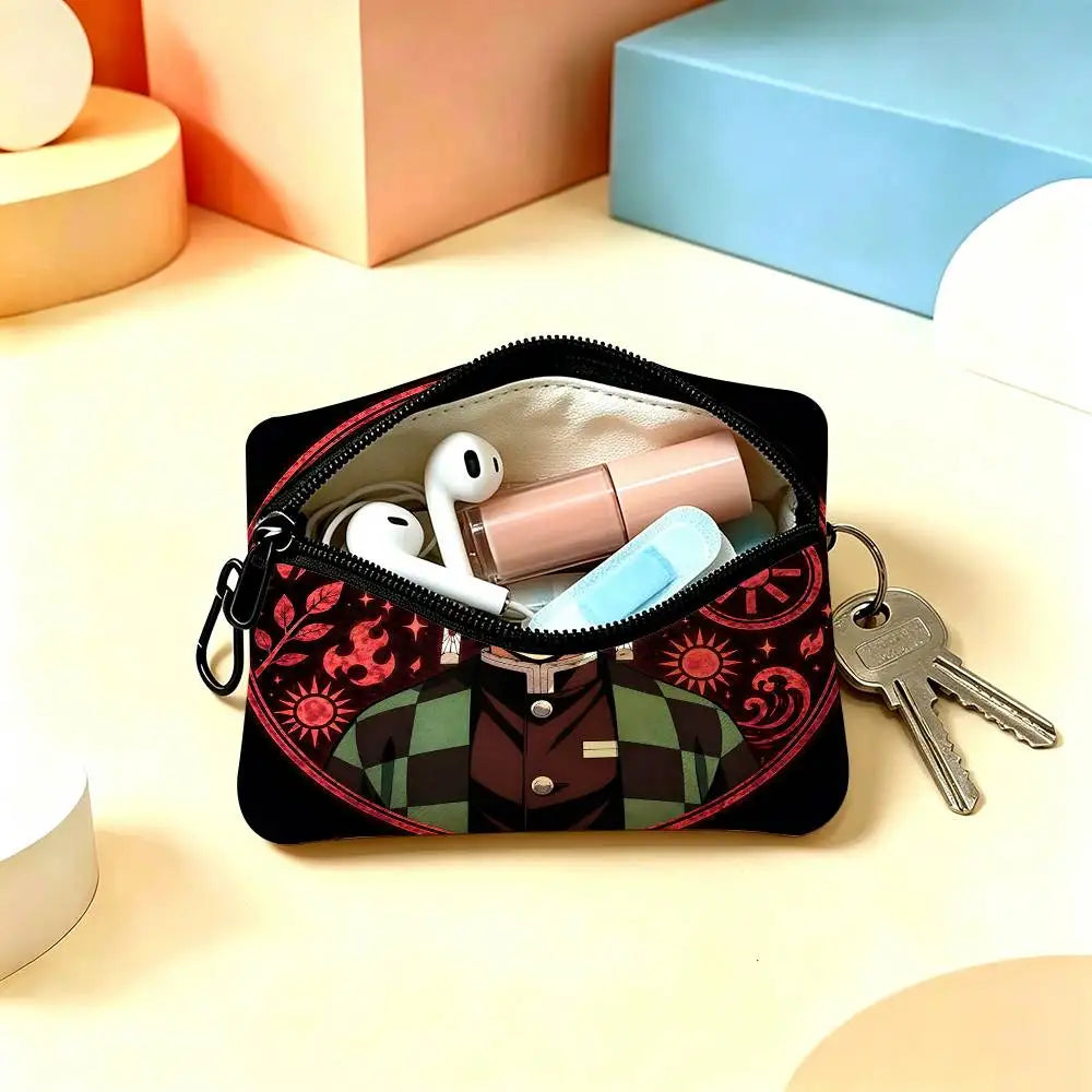 Anime Demon Slayer Multifunctional Oxford Cloth Small Pouch With Hook Mini Coin Wallet Earbud Storage Bag