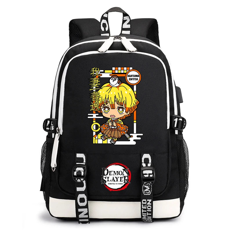 Demon Slayer Anime Print Student Backpack USB Charging Port Lightweight School Bag for Boys Girls