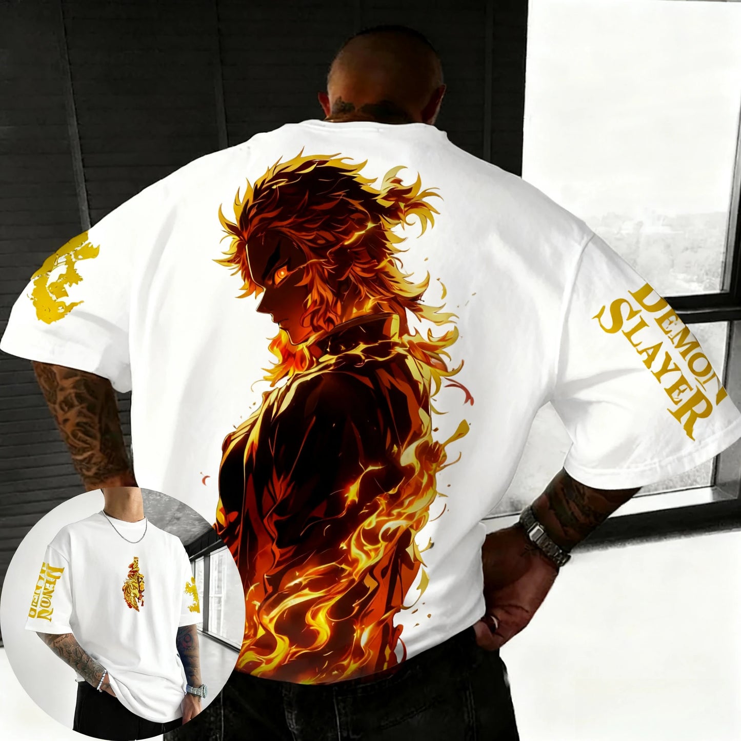 Demon Slayer Anime Rengoku Kyoujurou Printed T-shirt Summer New Men's Japanese Harajuku Loose Casual Children's Parent Child Top