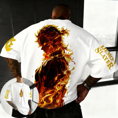 Demon Slayer Anime Rengoku Kyoujurou Printed T-shirt Summer New Men's Japanese Harajuku Loose Casual Children's Parent Child Top