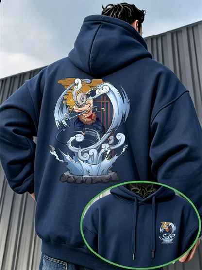 Bandai Demon Slayer Men's Hoodie with Inosuke Print, High-Quality Warm Men's Hooded Sweatshirt for Autumn and Winter