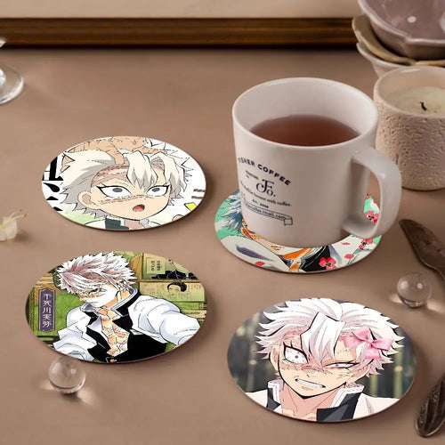 Cartoon Character Shinazugawa Sanemi Wood Coasters Round Coaster Non-slip Heat Insulation Coffee Mats Home Accessories Kitchen