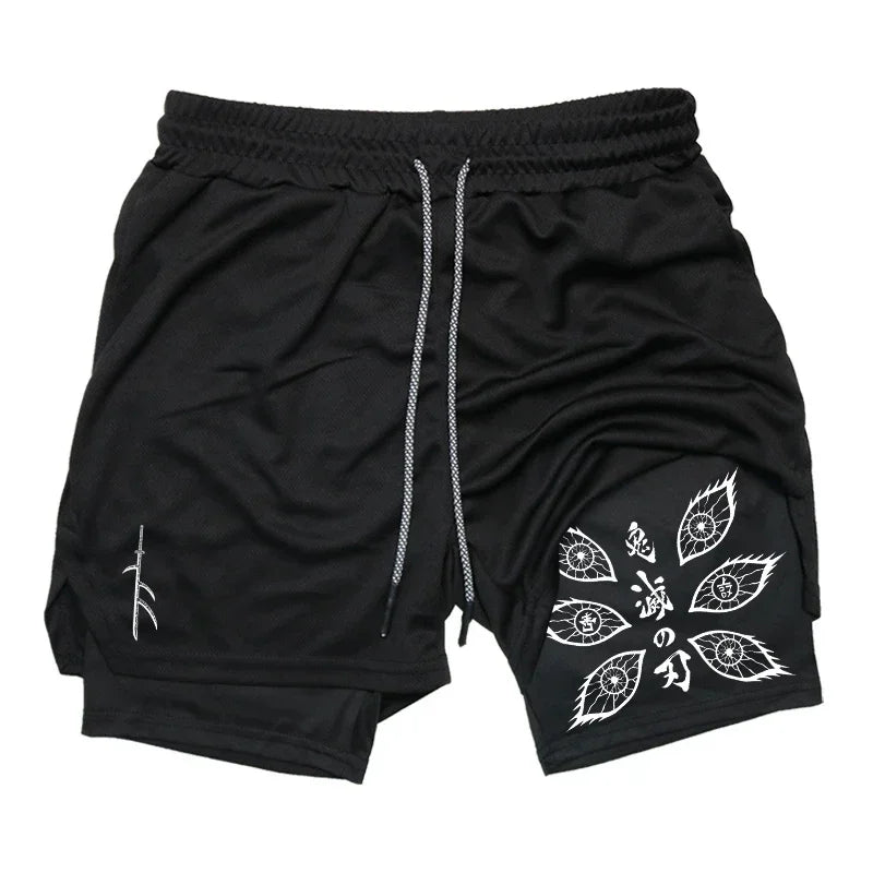 Demon Slayer Unisex Summer Sports Shorts Kokushibo Anime Printed Running Speed Dry Breathable 2-in-1 Double-layer Shorts