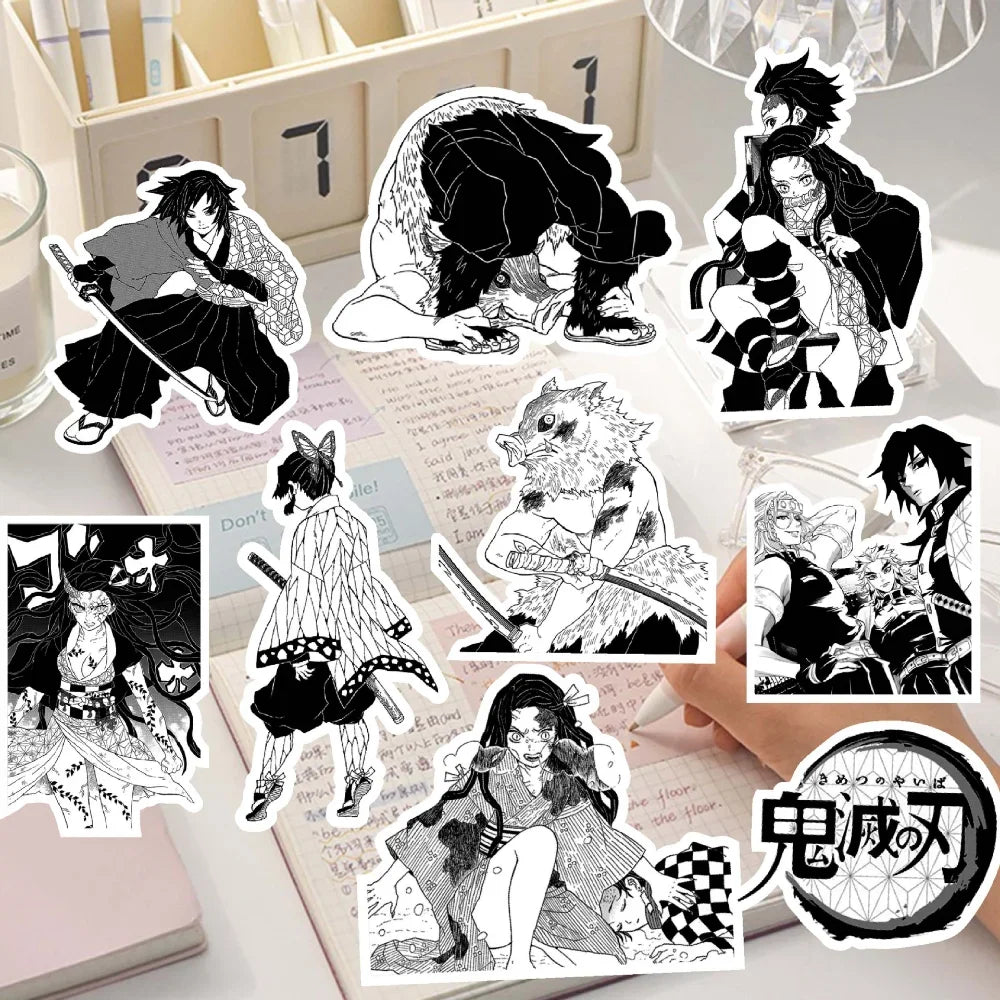 10/65pcs Anime Demon Slayer Black and White Stickers DIY Bike Travel Luggage Laptop Graffiti Cool Cartoon Kamado Nezuko Sticker