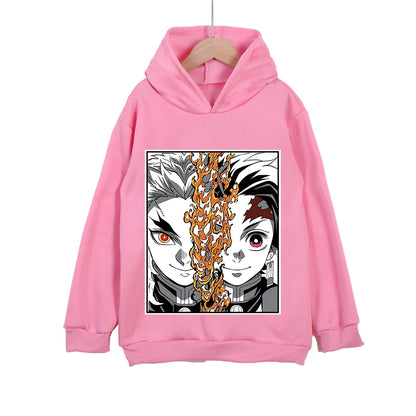 Kids Anime Hoodie Demon Slayer Rengoku x Tanjiro Print Cotton Sweatshirt Unisex Boys Girls Clothing 100-160cm