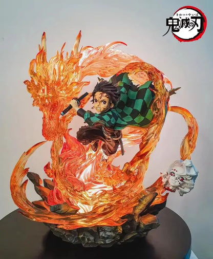 Demon Slayer 30cm Gk Statue Tanjirou Kamado Pvc Action Figure Fire Dragon Withled Light Anime Kimetsu No Yaiba Toys Figuras