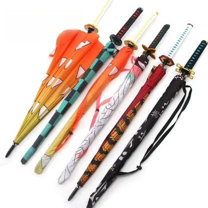 Demon Slayer Katana Umbrella Kimetsu Long Rain Parasol UV Blocking Anime Samurai Style Cosplay Display Photo Prop Long Handle