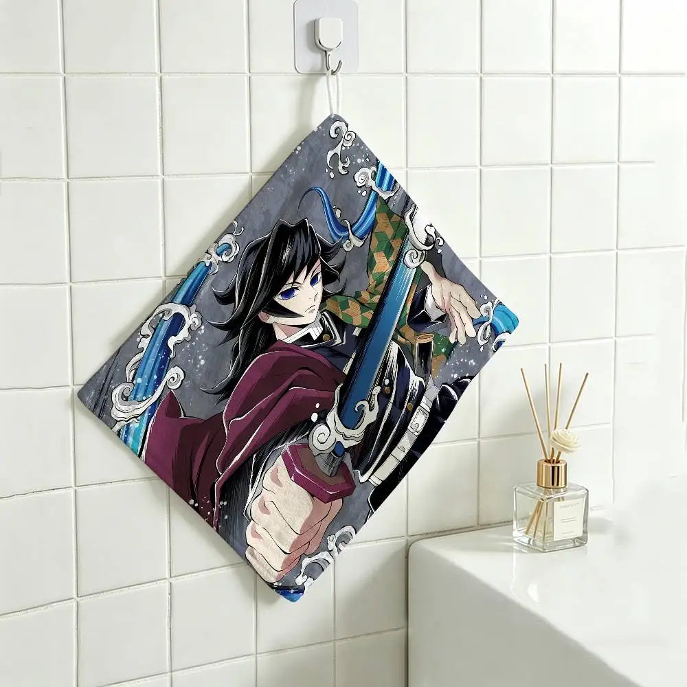 Cartoon Figure Giyu Tomioka Hanging Polyester Cotton Towel, Reusable Hand Wiping Cloth, Wear Resistant for Home Kitchen Sink