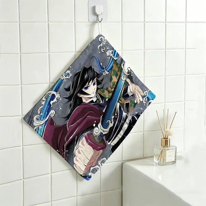 Cartoon Figure Giyu Tomioka Hanging Polyester Cotton Towel, Reusable Hand Wiping Cloth, Wear Resistant for Home Kitchen Sink
