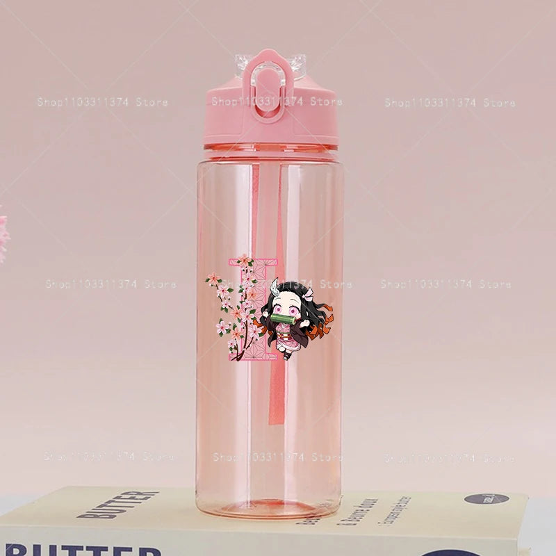 Demon Slayer Pink Water Bottle with Straw Cute Drinking Bottles Letter A-z Summer Sports Portable Water Cup Child Birthday Gift