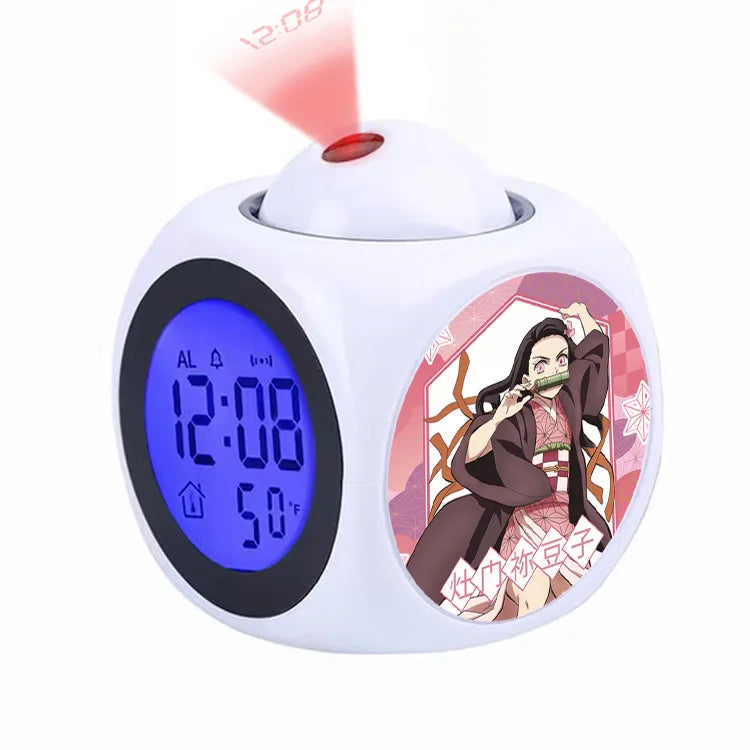 Demon Slayer Tanjiro Projection Alarm Clock Led Night Light Silent Non-Ticking Digital Time Display for Kids Bedroom