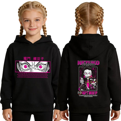 Demon Slayer Nezuko Anime Print Hoodie for Girls Casual Pullover Sweatshirt Soft Breathable Loose Fit Spring Fall Youth Top