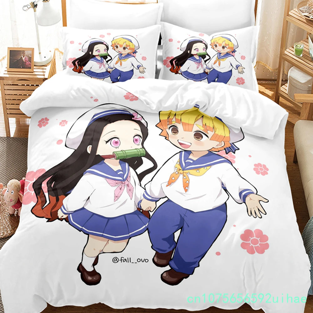 Kawaii Cartoon Demon Slayer Bedding Sets Duvet Cover Set With Pillowcase Twin Full Queen King Bedclothes Bed Linen Home Textiles