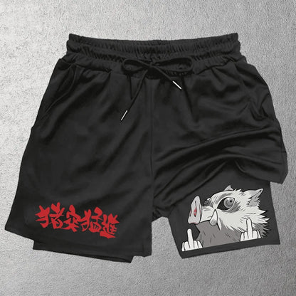 Unisex Demon Slayer Hashibira Inosuke 2026 Summer Shinjuku Anime Printed Loose Trendy Quick Drying Double Layer Sports Shorts
