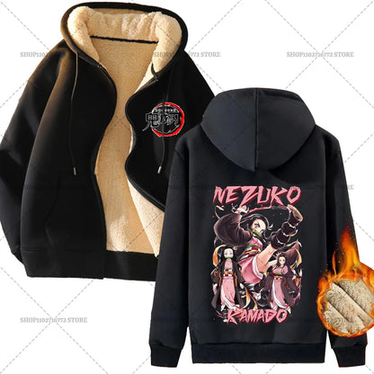 Fashion Clothes Anime Kimetsus No Yaibas Print Sweatshirt Men Women Demons Slayers Winter Loose Fleece Zipper Coat Hoodies Gift