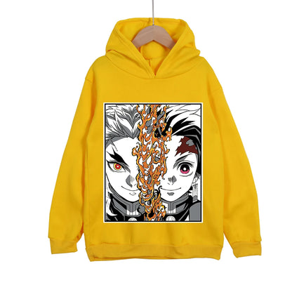 Kids Anime Hoodie Demon Slayer Rengoku x Tanjiro Print Cotton Sweatshirt Unisex Boys Girls Clothing 100-160cm