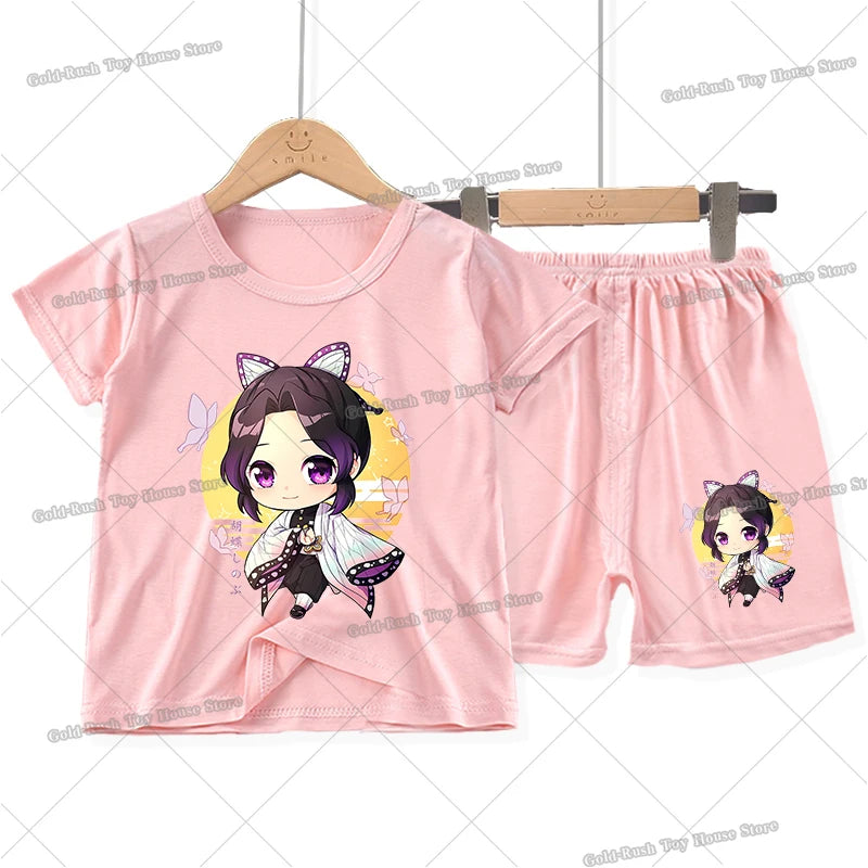 Demon Slayer Girl Pajamas Set Kamado Nezuko Kochou Shinobu Toddler Sleepwear 2pcs Cartoon Summer Home Tops Shorts Kids Pyjamas