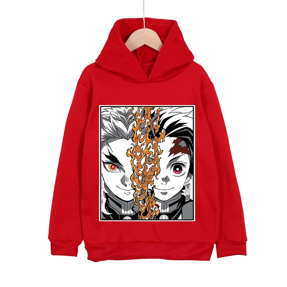 Kids Anime Hoodie Demon Slayer Rengoku x Tanjiro Print Cotton Sweatshirt Unisex Boys Girls Clothing 100-160cm