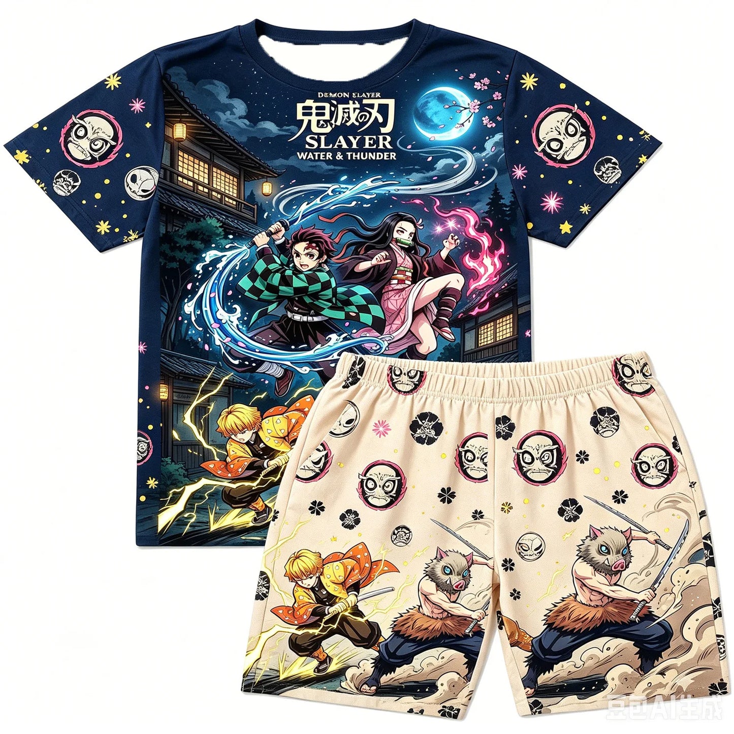 Demon Slayer Doma Red Splatter Print T-Shirt Shorts Set For Men Women Kids Soft Anime Summer Breathable Casual Loungewear Pajama