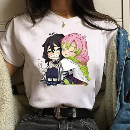 Funny Kanroji Mitsuri Iguro Obanai Cartoon Print Kids T-Shirt Couple Casual Loose Short Sleeve Round Neck Harajuku Tops Clothing