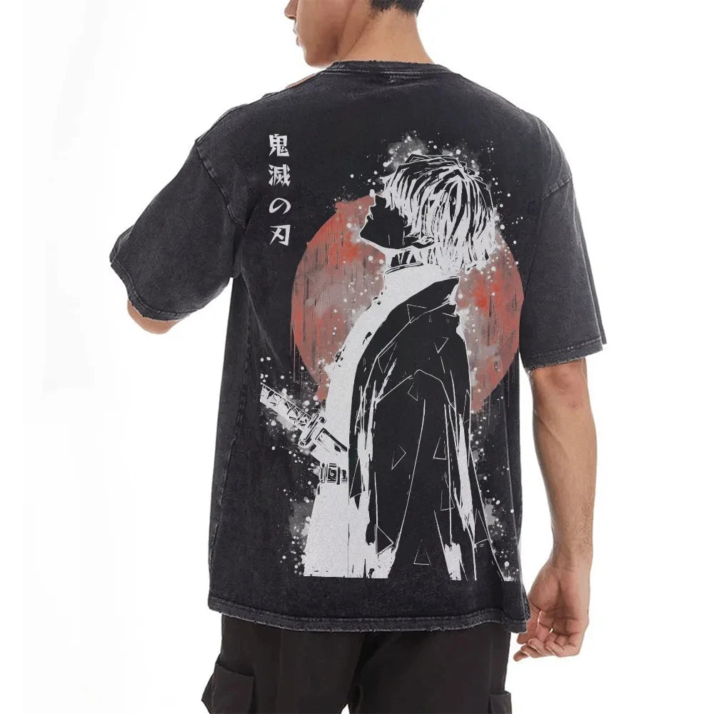 2026 Summer New Zenitsu Agatsuma Breath of Thunder Retro Washed Old T-shirt Demon Slayer 90s Street Style Short-sleeved Top