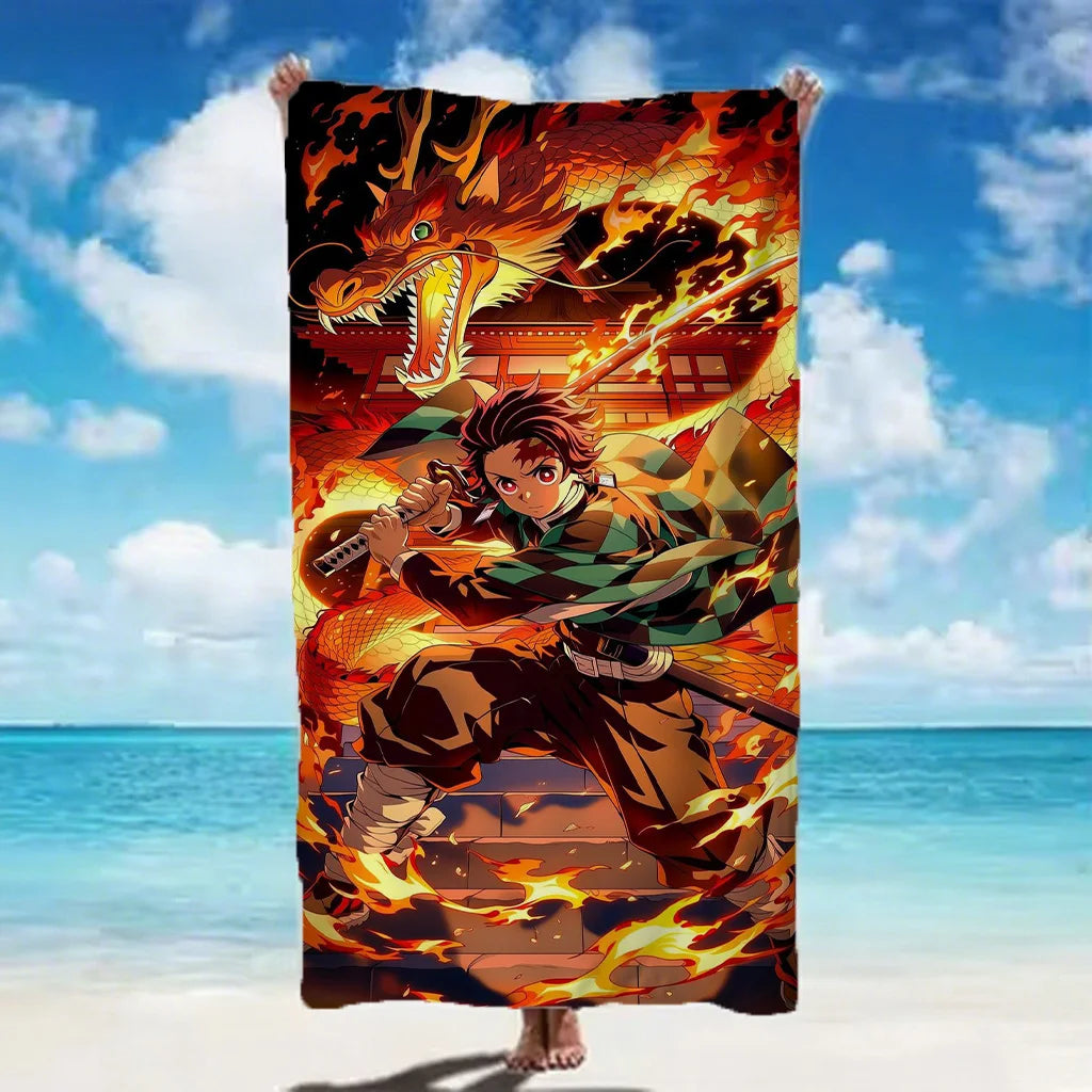 Demon Slayer 2026 Beach Towel soft quick dry microfiber with classic anime character print for beach camping and daily home use