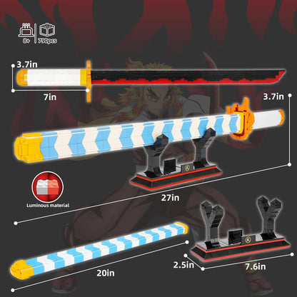 Demon Slayer Rengoku Kyojuro Sword Building Blocks Katana Model with Stand DIY Collectible Toy Gift for Anime Fans Adults Teens