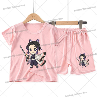Demon Slayer Girl Pajamas Set Kamado Nezuko Kochou Shinobu Toddler Sleepwear 2pcs Cartoon Summer Home Tops Shorts Kids Pyjamas
