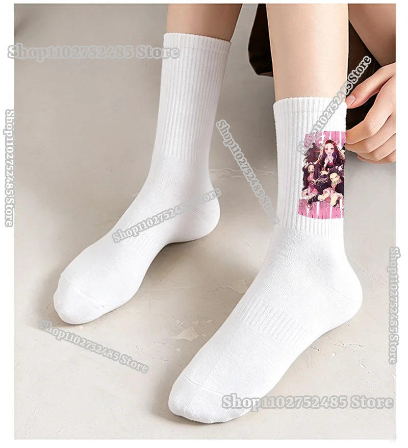 Anime Demon Slayer Socks-Cute Chibi Nezuko & Shinobu Crew Sock Soft Cotton Blend Unisex Casual Fashion Gift for Fans 5 Pairs Set