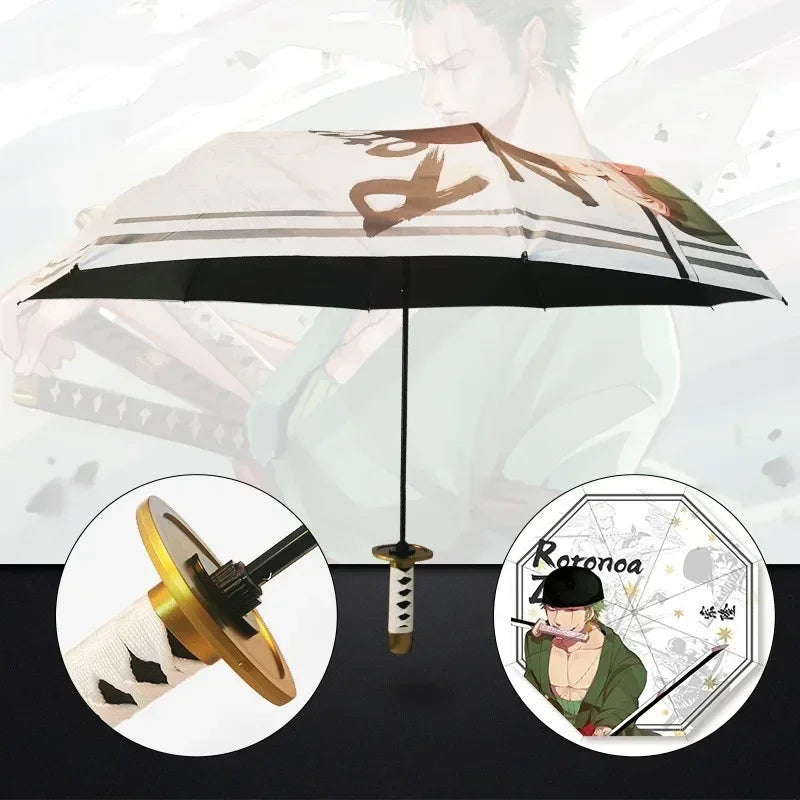 Demon Slayer Folding Katana Umbrella Tanjirou Zenitsu Anime UV Parasol Rain Gear Samurai Style Cosplay Display Photo Prop Decor