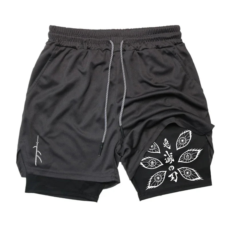 Demon Slayer Unisex Summer Sports Shorts Kokushibo Anime Printed Running Speed Dry Breathable 2-in-1 Double-layer Shorts