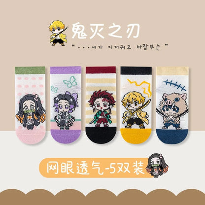 5pcs Demon Slayer socks cute anime Mitsuri Kanroji Zenitsu Agatsuma Nezuko Kamado mesh breathable socks suitable for ages 6-12