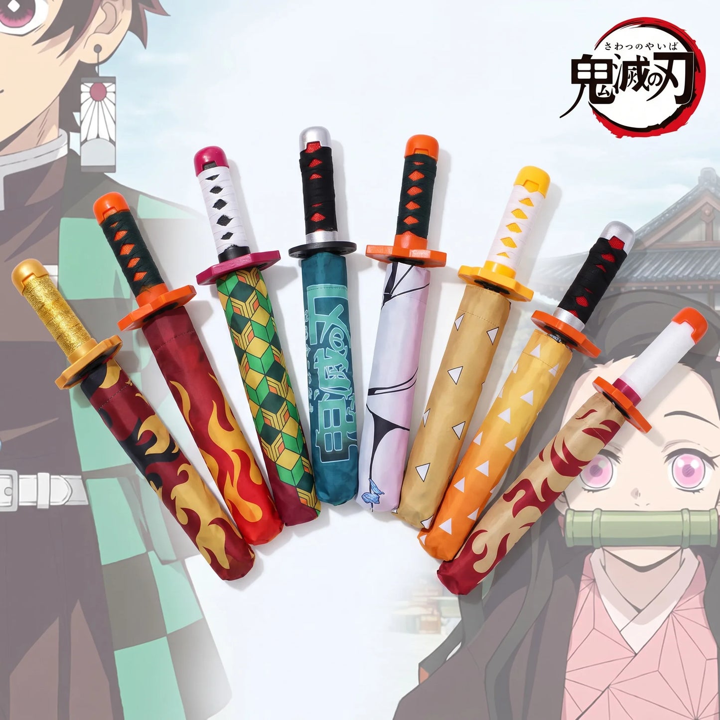 Demon Slayer Folding Katana Umbrella Tanjirou Zenitsu Anime UV Parasol Rain Gear Samurai Style Cosplay Display Photo Prop Decor