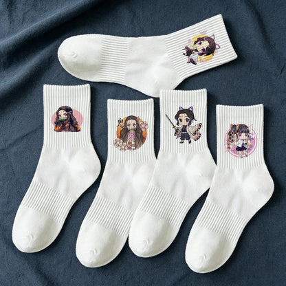 Anime Demon Slayer Socks-Cute Chibi Nezuko & Shinobu Crew Sock Soft Cotton Blend Unisex Casual Fashion Gift for Fans 5 Pairs Set