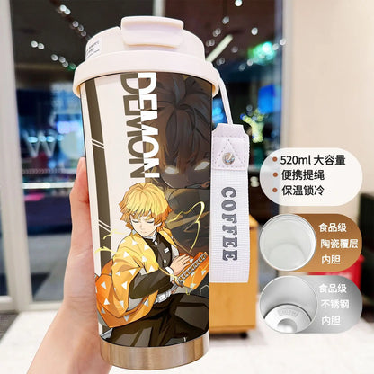 Demon Slayer Kochou Shinobu Water Cup Agatsuma Zenitsu Tomioka Giyuu Straw Thermos Cup Anime Stainless Coffee Mug Motion Bottle