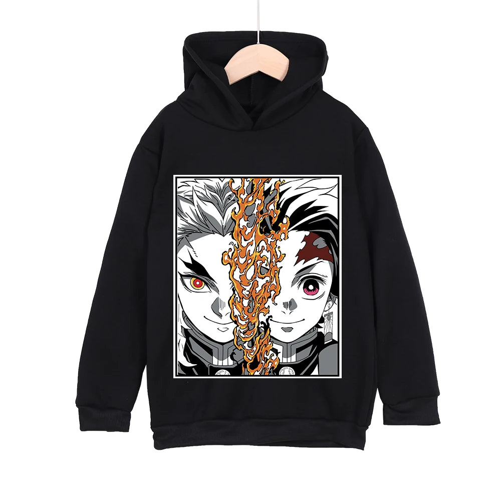 Kids Anime Hoodie Demon Slayer Rengoku x Tanjiro Print Cotton Sweatshirt Unisex Boys Girls Clothing 100-160cm
